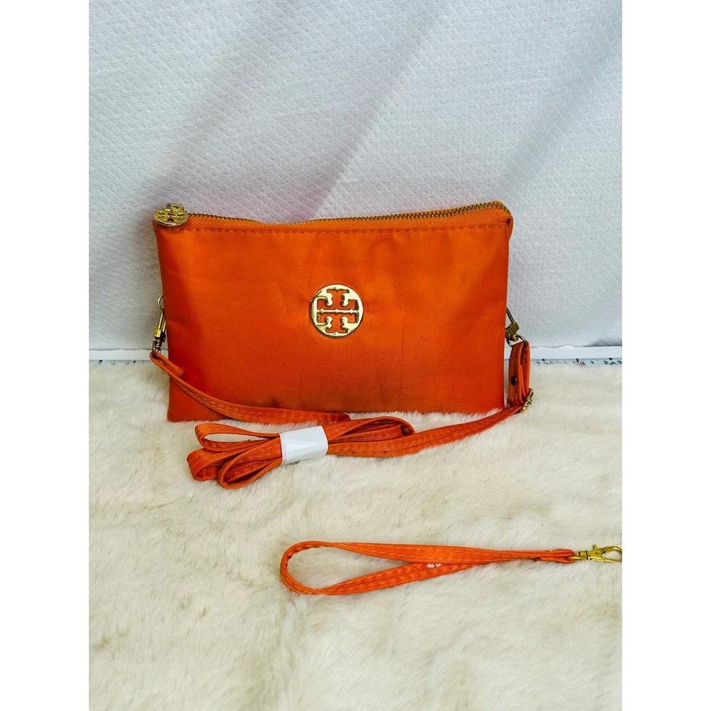 Tory Burch Orange Nylon Crossbody Bag Gold Logo Wristlet Clutch Womens